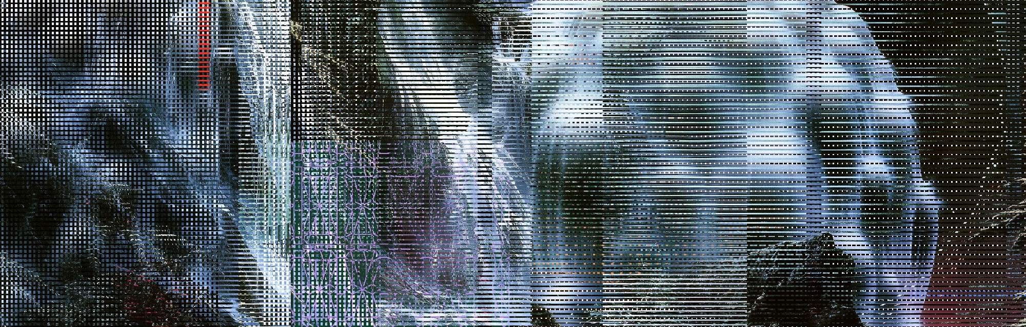 Silver-blue terrain broken into dense horizontal digital lines