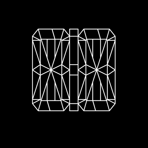 Two angular wireframe forms built from fine intersecting lines